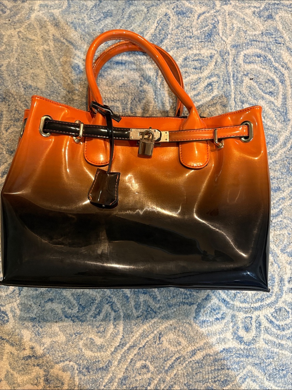 Glossy Ombre Satchel in Orange and Black with Lock Detail